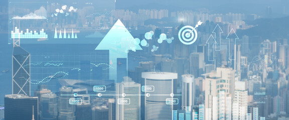 Modern abstract Blurred modern economic growth. Arrows up on city background