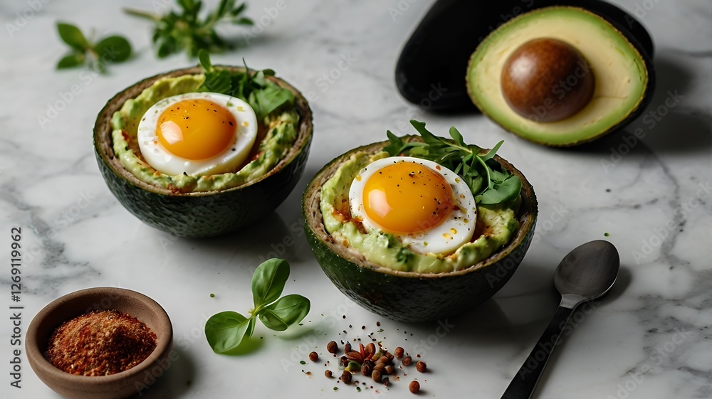 Wall mural Baked eggs in avocado, sprinkled with greens and spices, presented in a minimalist style on a marble background.