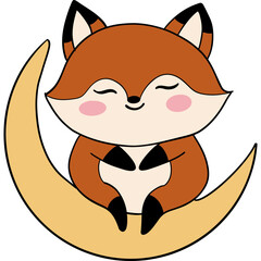 Cute fox sitting on a crescent moon, smiling cheerfully.