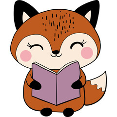 Cute cartoon fox happily reading a book.