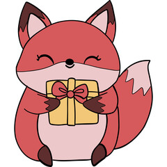 Cute cartoon fox holding a gift box with a bow.
