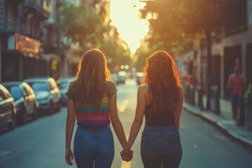 Two young women holding hands walking down street at sunset