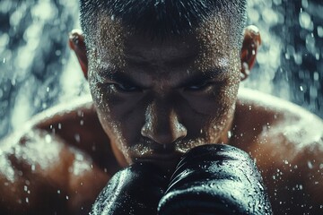 Boxer preparing for combat under heavy rain