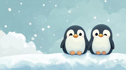 Fototapeta premium Penguins Sliding on Icebergs with Snowy Background in Vibrant Winter Scene