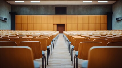 empty auditorium rows of wooden chairs