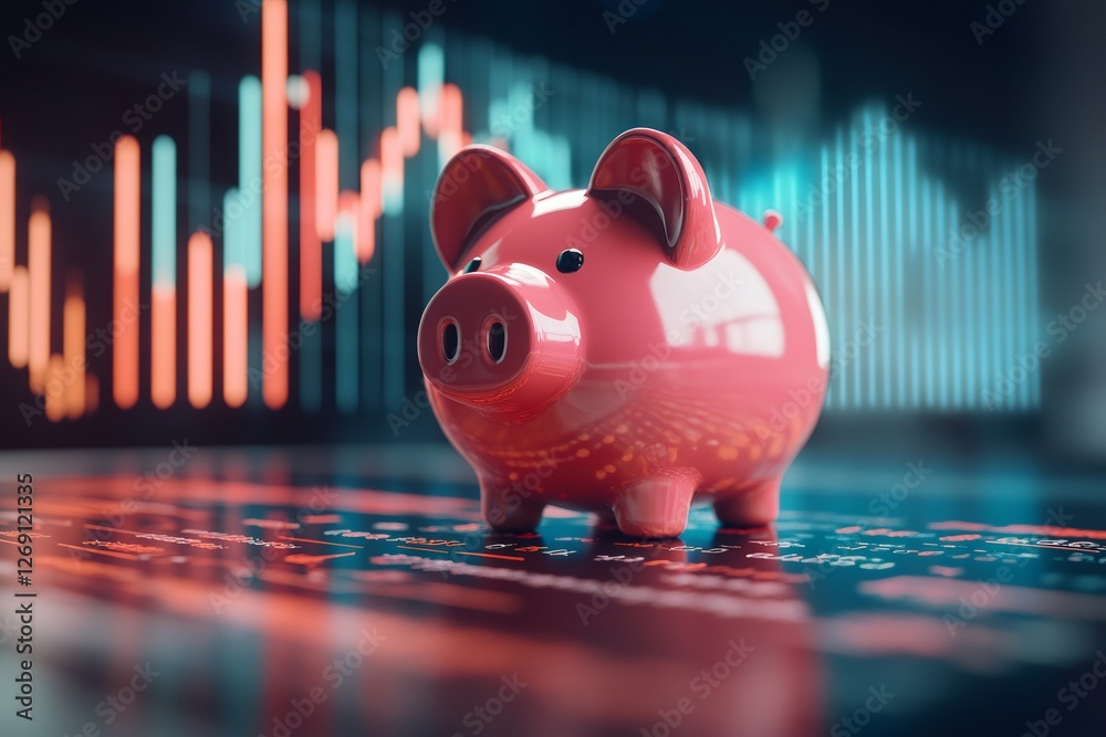 Poster piggy bank standing on financial data with stock market charts displayed on screen