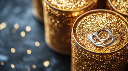 A closeup view of a can containing shimmering gold glitter for crafting and decoration