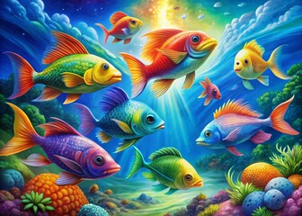 Fototapeta premium Rainbow Fish Painting: Seven Colorful Fish in a Vibrant Artistic Composition