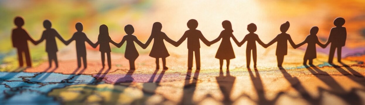 Global Unity Paper figures holding hands on world map, backlit sunrise