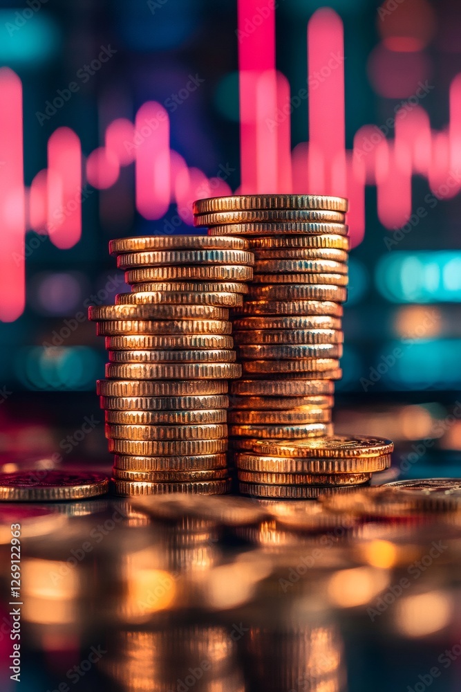 Poster Stacks of gold coins reflecting on surface with stock market graph showing decrease in background