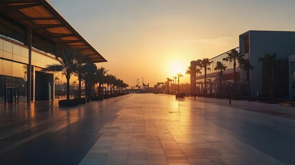 sunset cityscape modern architecture palm trees urban scene