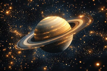 A mesmerizing view of Saturn with its shimmering rings, surrounded by a vast expanse of twinkling stars and cosmic dust, creating a celestial masterpiece.