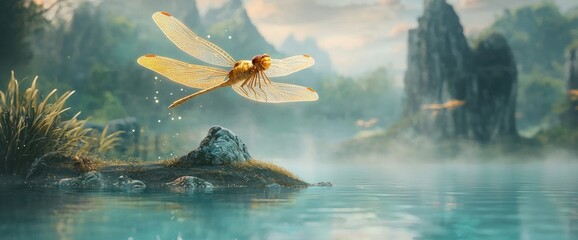A shimmering golden dragonfly hovering over a mystical lake