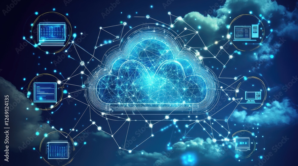 Poster abstract ai-driven cloud computing landscape with interconnected data streams and global networking.