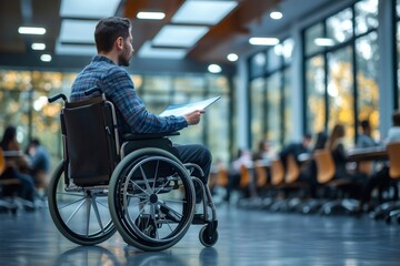 College student in wheelchair reading documents in university hallway