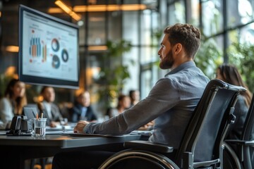 Businessman in wheelchair attending corporate meeting observing charts on monitor