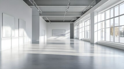 modern minimalist white gallery interior with large windows