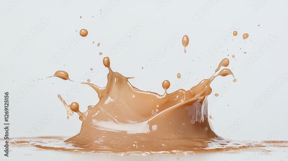 Poster a swirl of melted caramel bursts joyfully against a clean white backdrop, creating an inviting and l