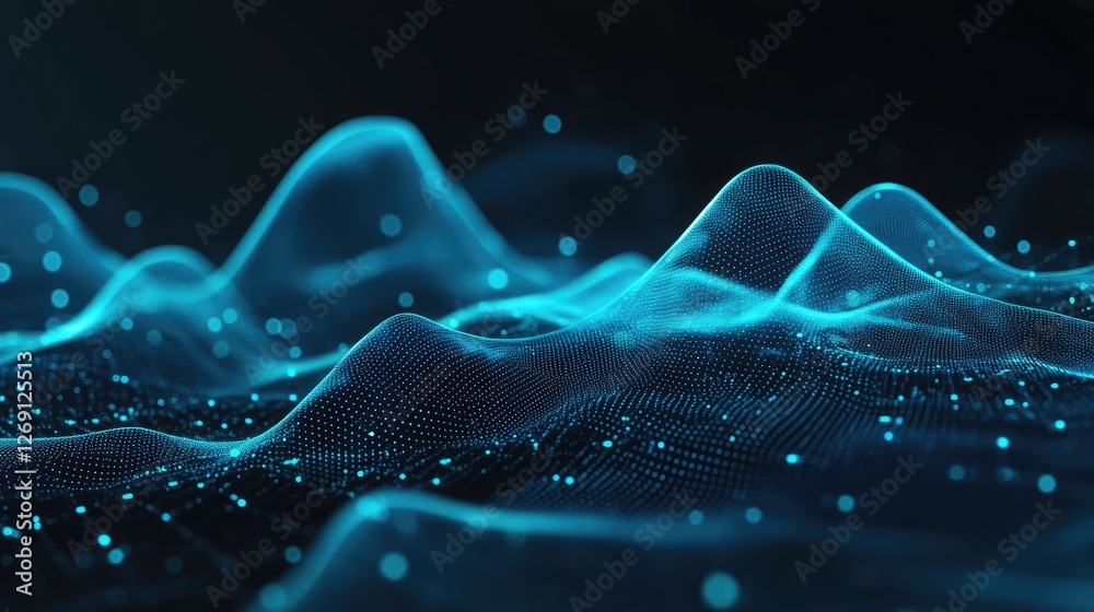 Poster abstract global data exchange network with blue digital waves and futuristic ai-driven analytics.