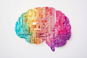 Colorful Circuit Brain, Abstract, White Background, AI Concept