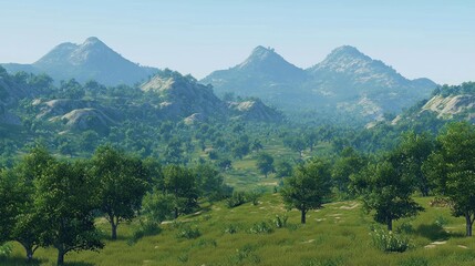 Obraz premium Scenic valley with mountains and trees, serene landscape