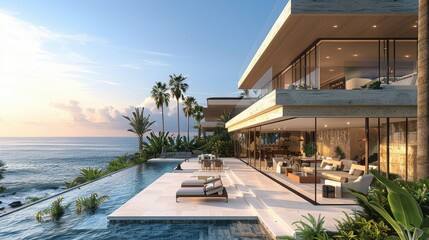 Fototapeta premium Modern luxury beachfront house with infinity pool, ocean view, palm trees, sunset.
