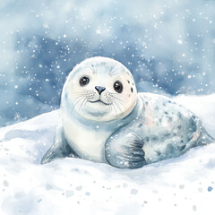 Obraz premium Cute baby seal happily sitting on ice in realistic boho style