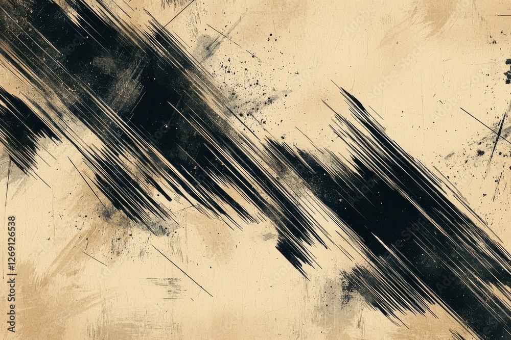 Poster abstract grunge background with diagonal black brush strokes and splatters on textured beige paper, 