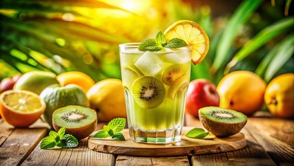 Fototapeta premium Refreshing Tropical Kiwi Apple Lemon Drink Summer Sunny Day Vintage Photo