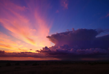 Breathtaking landscape with half of the sky lit by warm sunset hues and the other fading into deep twilight with soft clouds blending colors