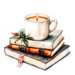Naklejka premium Illustration painted with candle on books creates cozy, artistic scene