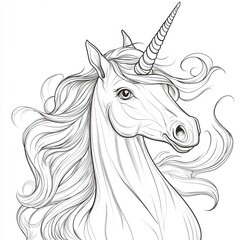 black and white line drawing of a unicorn. The unicorn has a long mane and tail that is flowing in the wind. It has a pointed horn on its head and a small body with a round face