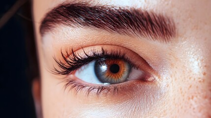 Obraz premium close-up of a womans eye with brown and green iris long eyelashe