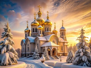 Obraz premium Golden hour's surreal glow on a snow-dusted Orthodox church.