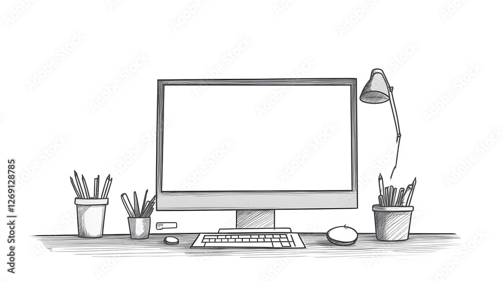 Fototapete simple sketch of a desk setup with computer keyboard and desk la