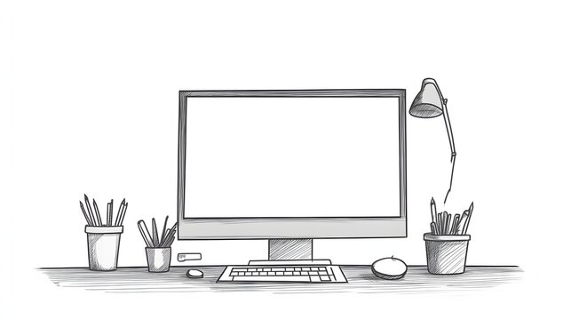simple sketch of a desk setup with computer keyboard and desk la