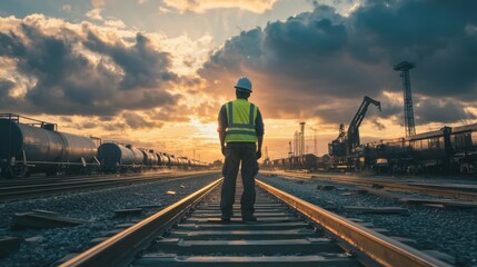 Fototapeta premium Worker Inspecting Train Tracks in a Railway Yard