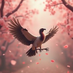 Fototapeta premium A digital illustration depicts a bird in flight with outstretched wings, set against a backdrop of cherry blossoms in a soft pink hue.