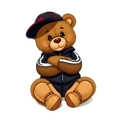 A cute teddy bear with its legs spread and arms crossed on its chest.