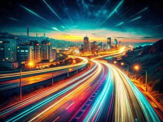 Fototapeta premium Retro Jordan: Long Exposure Cityscape at Night, Vibrant Colors