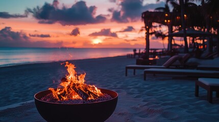 A burning fire pit on the beach with a sunset in the background.