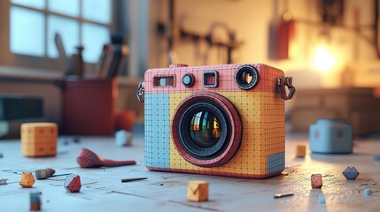 Colorful geometric camera on crafting desk with artistic ambiance in cozy workshop setting