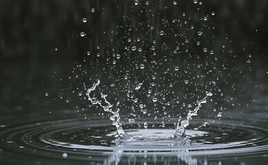 High-speed capture of a water droplet impact, forming ripples and a crown-like splash against a dark background in macro detail
