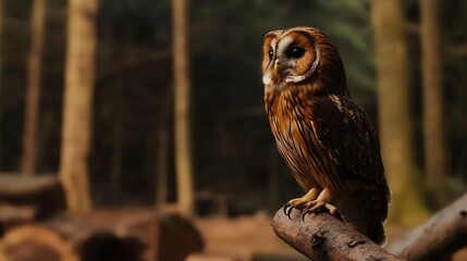 Close up Portrait of a Wise Old Owl Perched on a Tree Branch Observing the Tranquil Forest Surroundings with Focused Attention and Watchful Eyes