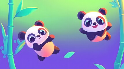Cheerful mischievous pandas frolicking and tumbling playfully through lush vibrant bamboo forests in a whimsical imaginative digital