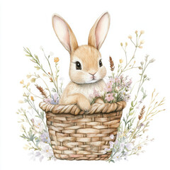Obraz premium Cute bunny in basket surrounded by flowers, serene Easter illustration
