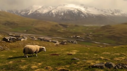 Fluffy sheep grazing peacefully in a lush rolling green meadow with snowy mountains and dramatic clouds in the background creating a serene and picturesque alpine landscape