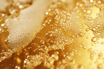 Bubbles actively rise to the surface in a glass of golden beer, showcasing vibrant colors and...