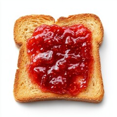 A single slice of bread with strawberry jam, shown from above, isolated against a white background