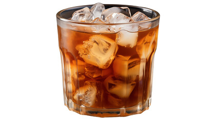 Iced Coffee in Glass Cold Dark Drink, Refreshing Beverage with Coffee Beans, isolated on transparent background.